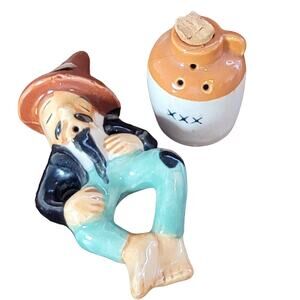 Salt Pepper Shakers Hillbilly Moonshine Jug Vintage West Virginia Souvenir FLAWS